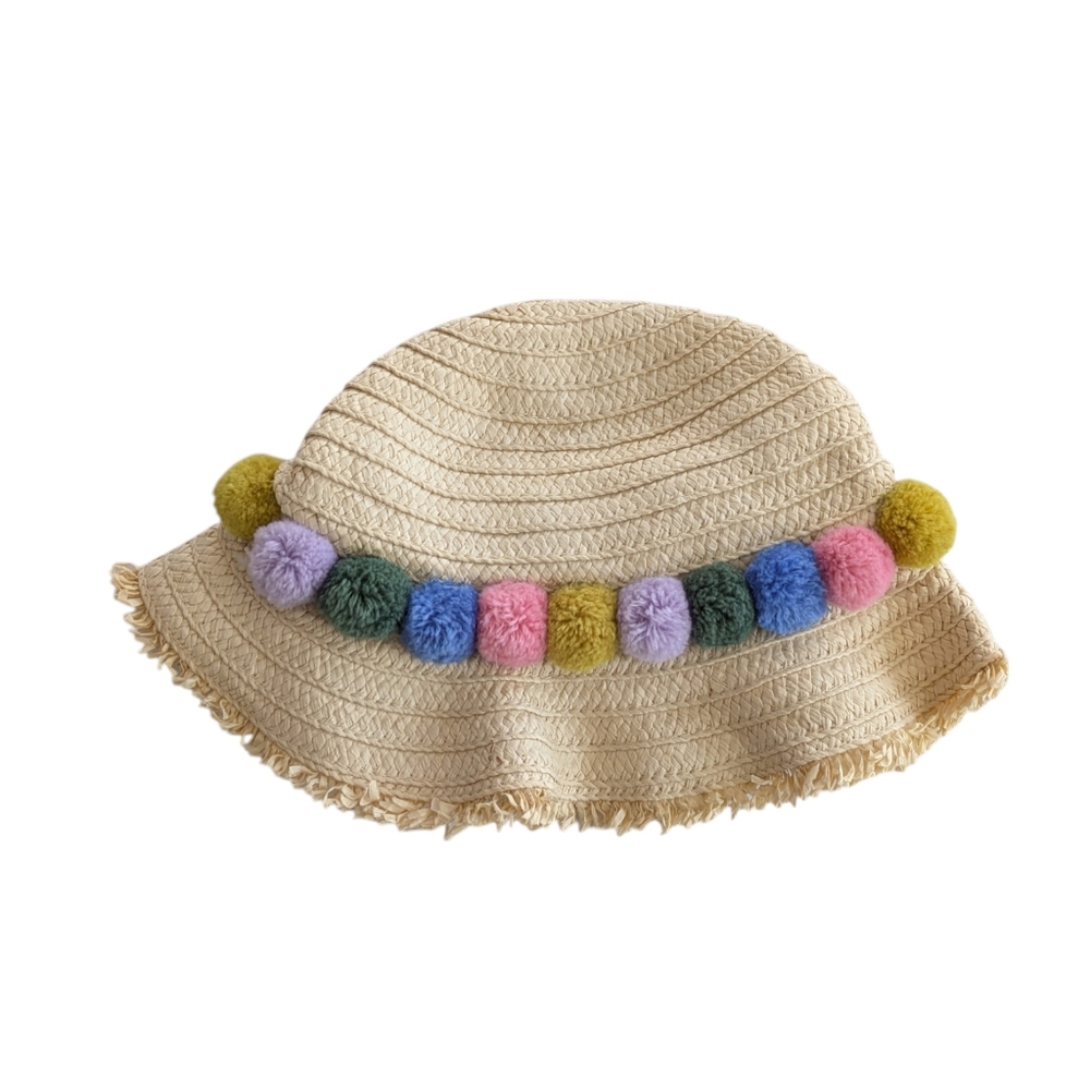 Boden Straw Hat with Colorful Pom Poms